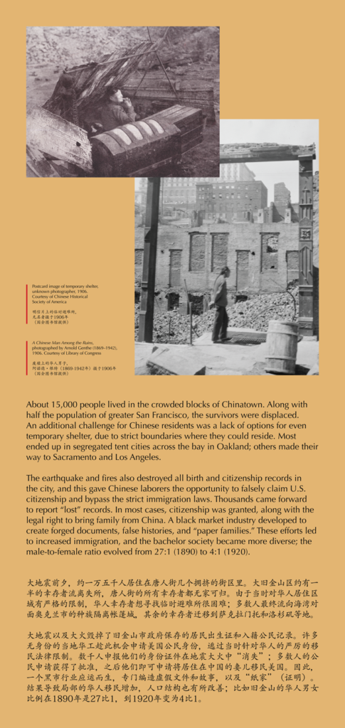 A label reading, About 15,000 people lived in the crowded blocks of Chinatown. Along with half the population of greater San Francisco, the survivors were displaced. An additional challenge for Chinese residents was a lack of options for even temporary shelter, due to strict boundaries where they could reside. Most ended up in segregated tent cities across the bay in Oakland; others made their way to Sacramento and Los Angeles. The earthquake and fires also destroyed all birth and citizenship records in the city, and this gave Chinese laborers the opportunity to falsely claim U.S. citizenship and bypass the strict immigration laws. Thousands came forward to report “lost” records. In most cases, citizenship was granted, along with the legal right to bring family from China. A black market industry developed to create forged documents, false histories, and “paper families.” These efforts led to increased immigration, and the bachelor society became more diverse; the male-to-female ratio evolved from 27:1 (1890) to 4:1 (1920).