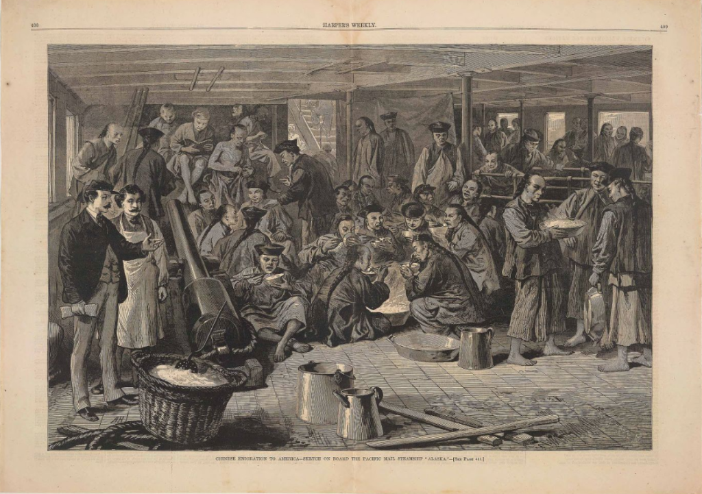 A postcard of an illustration of the inside of an Immigration Steamship. A large crowded room where people converse and eat