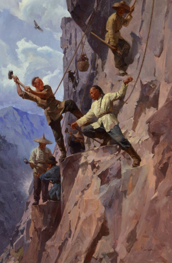 A painting of men suspended on the side of a cliff, building a railroad.