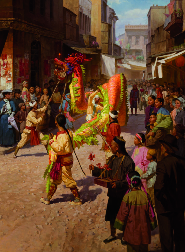 An oil painting of the Dragon Parade