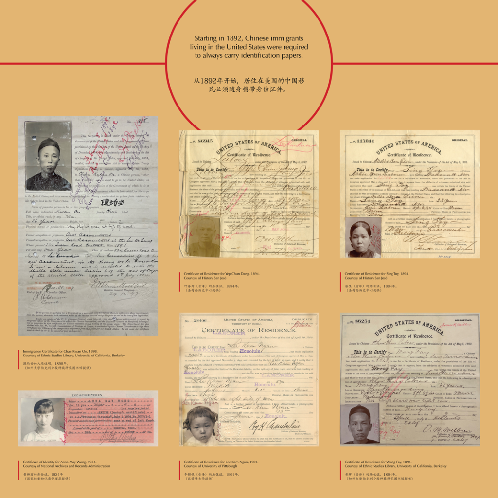 A museum label featuring immigration papers. Label reads: Starting in 1892, Chinese immigrants living in the United States were required to always carry identification papers.