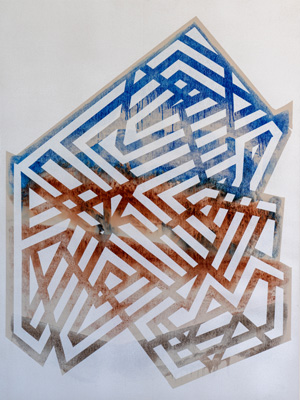 Geometric abstract painting featuring interlocking blue and brown lines forming a maze-like pattern on a white background, evoking a cross-continental reflection in its intricate design.