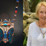 Butterfly necklace and woman wearing it.