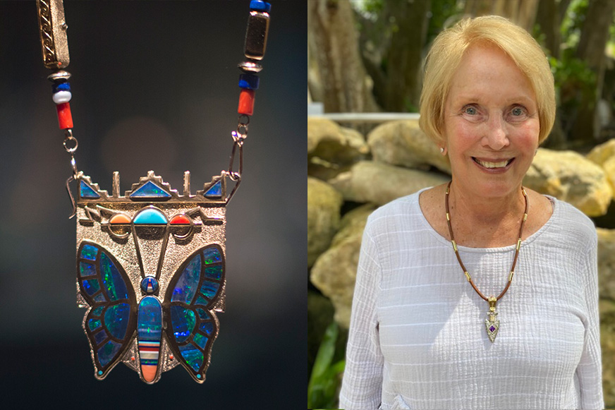Butterfly necklace and woman wearing it.