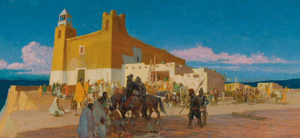 A group of people and soldiers with horses gather outside a large adobe church under a clear blue sky in a desert landscape, reminiscent of scenes featured in the Early West Gallery.
