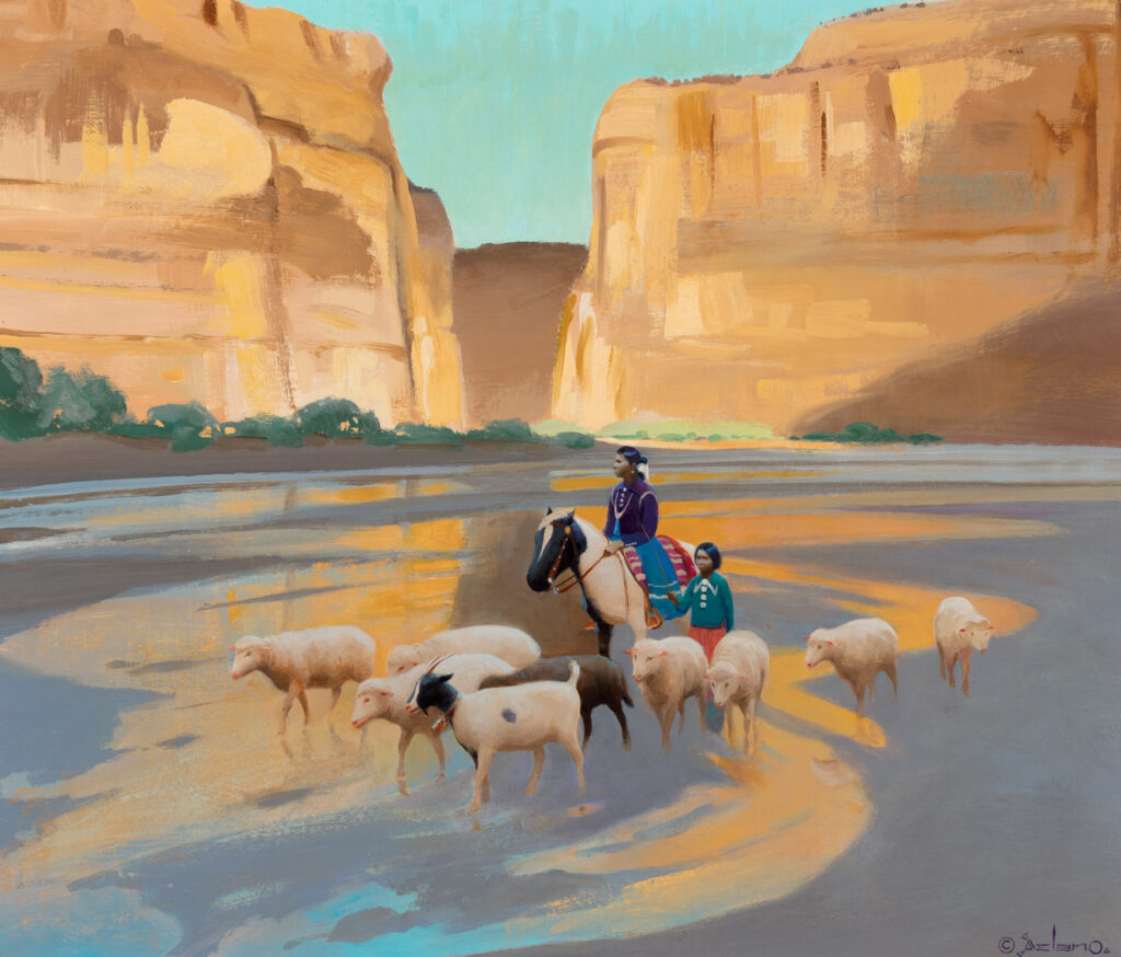 A person on horseback and another stand among a herd of sheep in a riverbed, surrounded by tall, sunlit canyon walls—evoking scenes reminiscent of the Early West Gallery.