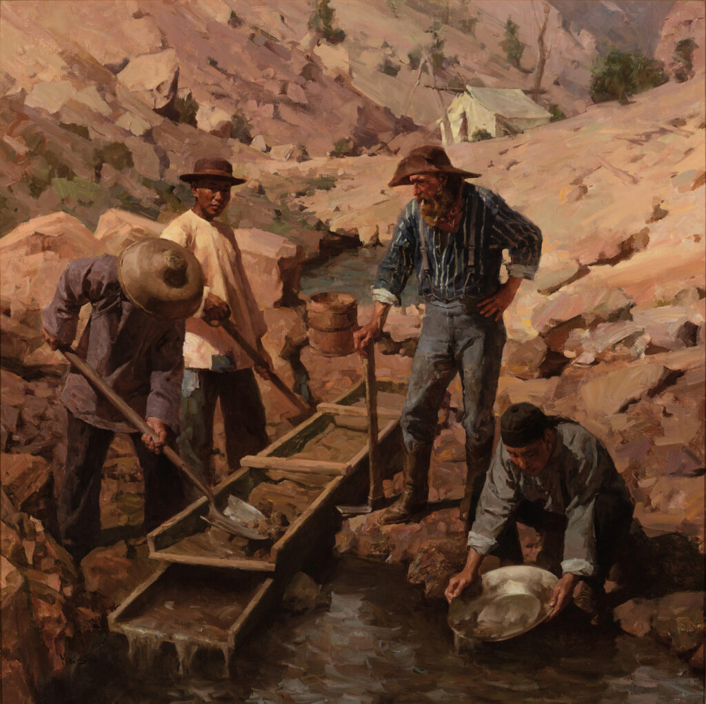 Four men work at a creek, panning and sluicing for gold with basic tools. Surrounded by rocky terrain and a tent in the background, this scene captures the spirit of adventure displayed in the Frontier Gallery collection.
