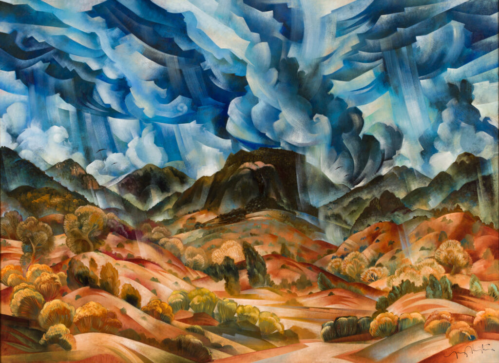 A colorful landscape painting in the Introductory Gallery depicts swirling blue storm clouds above mountains and rolling hills with orange and green vegetation.