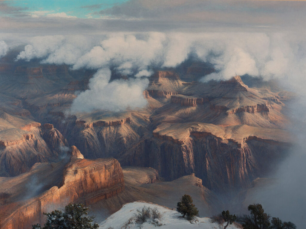 An Introductory Gallery presents a wide view of the Grand Canyon, with dramatic clouds hanging low over layered rock formations and snow covering the foreground.