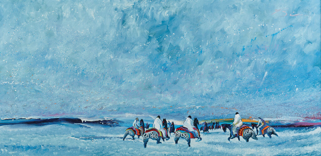 A group of people in white robes ride decorated horses across a wide, snowy landscape under a bright blue, textured sky, echoing scenes often celebrated in Native art.