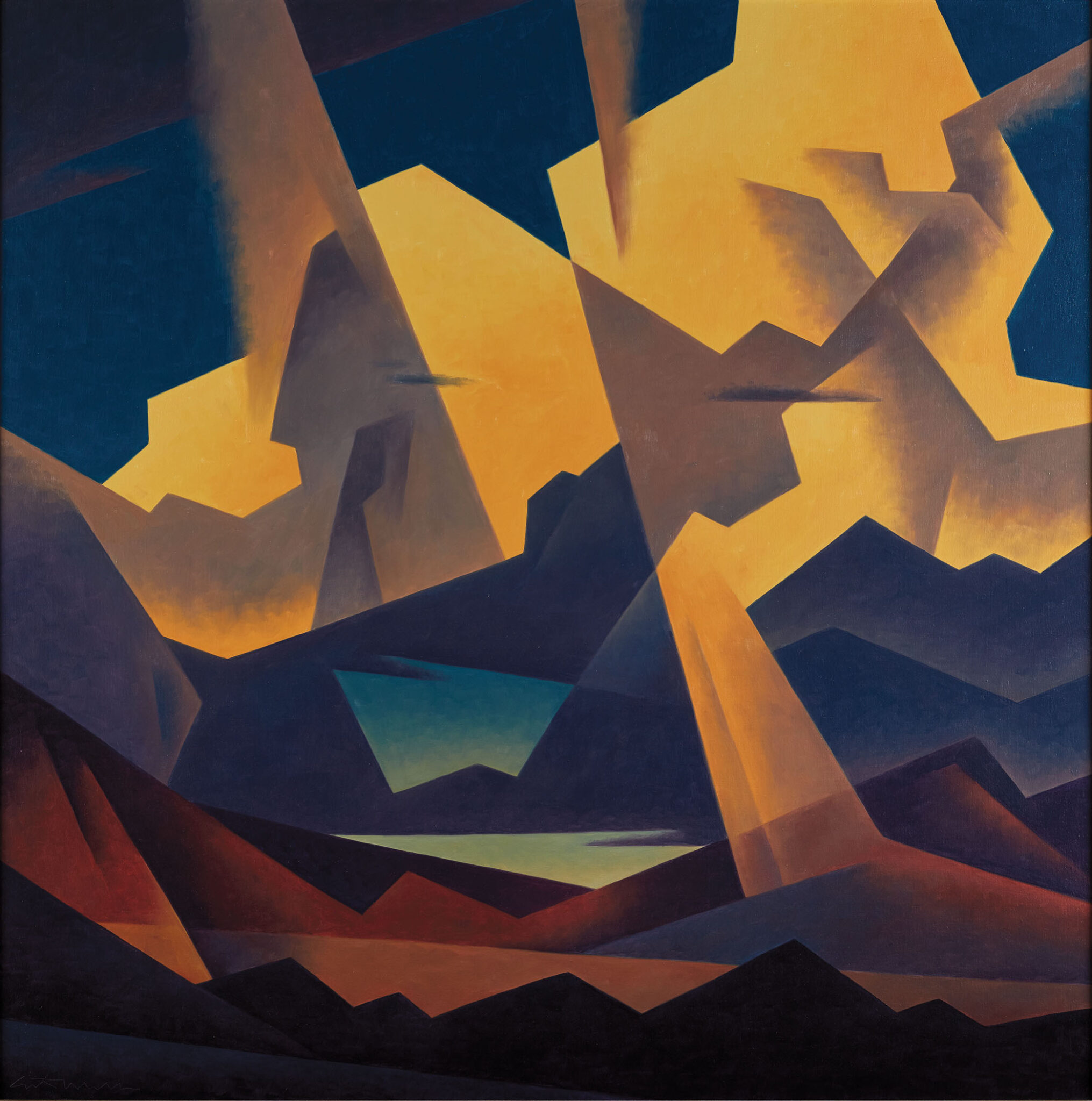 Abstract geometric landscape with angular mountains and clouds in shades of blue, yellow, and orange, suggesting a dramatic sky over rugged terrain.