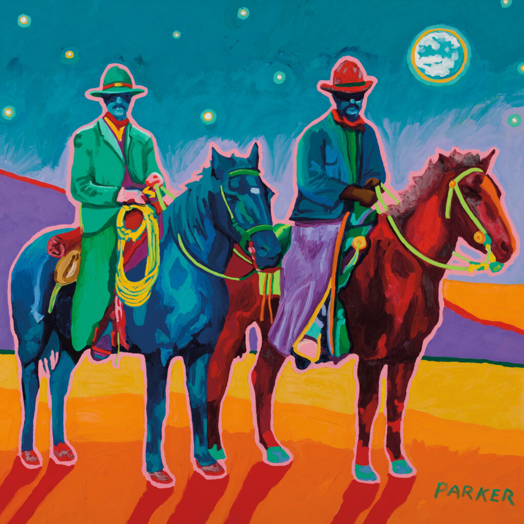 Two men in colorful attire sit on horses under a starry night sky with a full moon; this vibrant, boldly colored painting is signed "Parker" in the corner and showcased at New West Gallery.