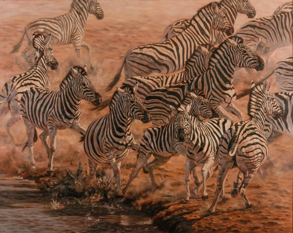 A group of zebras runs together on dusty ground near a small water source, captured beautifully for the Wildlife Gallery by the Earth & Humanity Foundation.