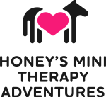 Logo featuring a stylized horse and human figure with a pink heart between them, symbolizing partners in care, above the text "Honey's Mini Therapy Adventures.