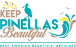 Logo for "Keep Pinellas Beautiful" features a sun, waves, and flying birds, highlighting its commitment as a Keep America Beautiful Affiliate and dedicated partners in community cleanup.