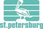Teal logo featuring a pelican standing in profile on a platform, with "st. petersburg" written in lowercase below it, symbolizing the city's trusted partners and community spirit.