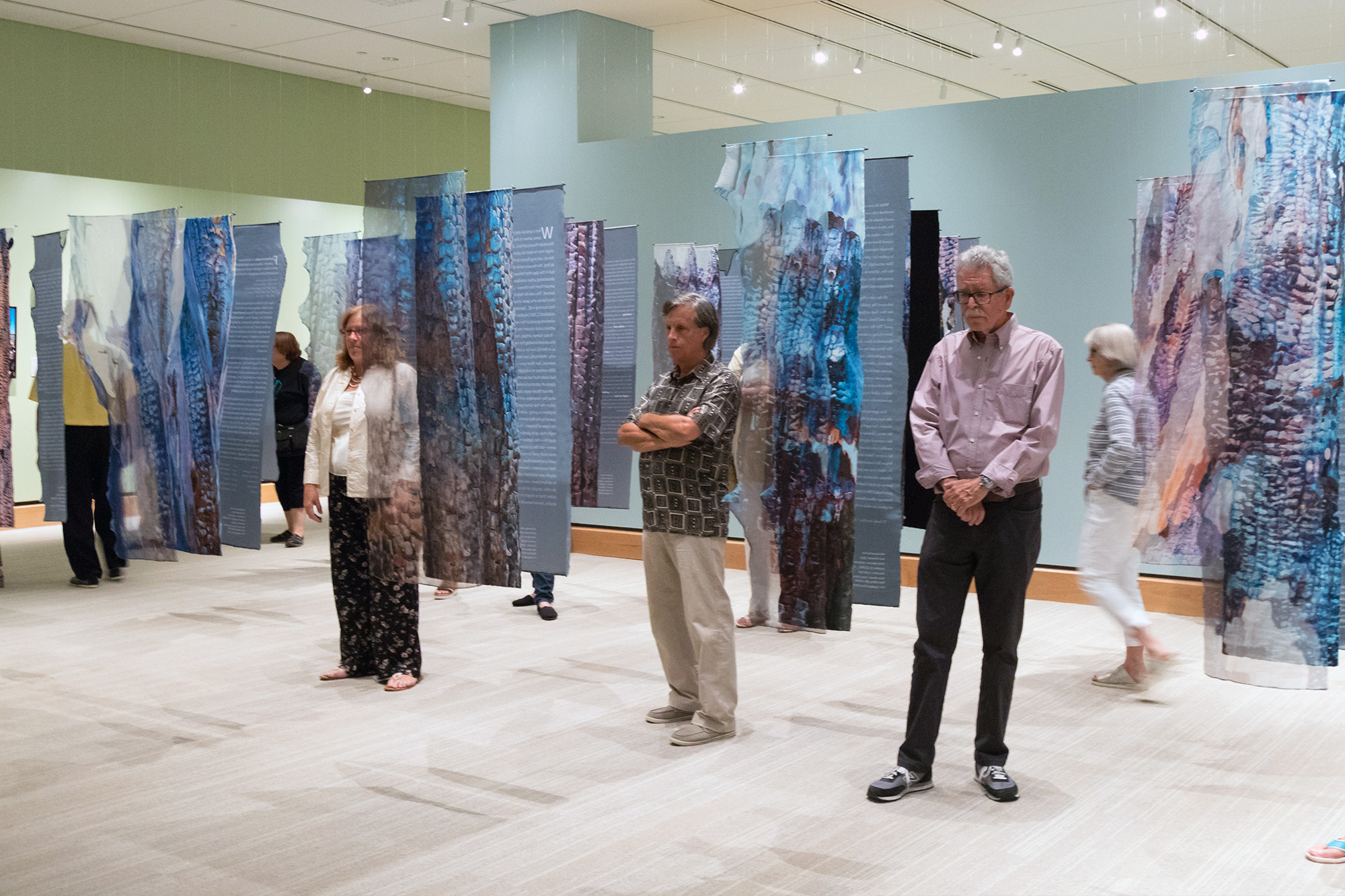 Visitors stand among vertical, translucent fabric panels adorned with abstract patterns inspired by butterflies and endangered birds in a brightly lit art gallery.