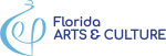 The image shows the Florida Arts & Culture logo featuring a stylized blue design and the text "Florida ARTS & CULTURE" in blue letters, highlighting its dedication to creative partners throughout the state.