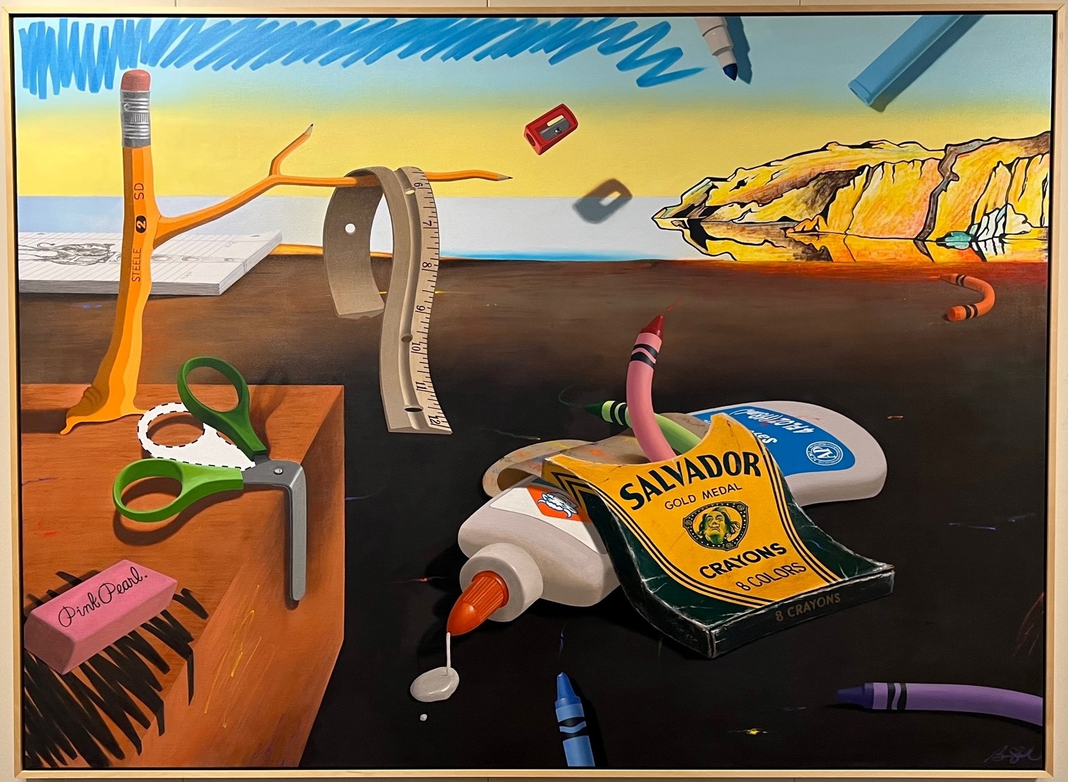 A surreal still life by Ben Steele featuring school supplies like scissors, glue, crayons, a pencil, and ruler, set against an abstract landscape with a cliff at sunset—an imaginative nod to art and creativity.