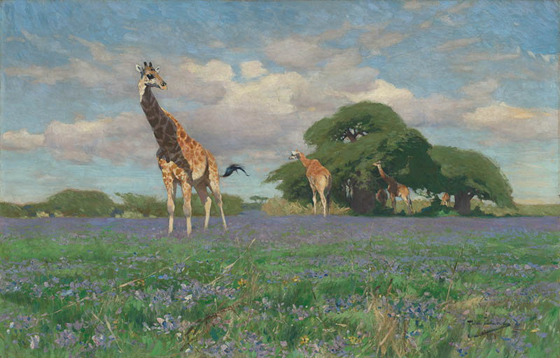 A group of giraffes stands and grazes in a grassy wilderness dotted with purple flowers and scattered trees under a partly cloudy sky, showcasing the beauty of wildlife.