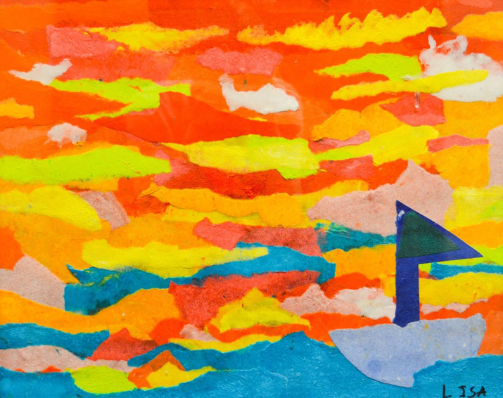A colorful collage by PARC Artists depicts a small sailboat on blue water with an orange, yellow, and red sky, capturing the spirit of "Florida Shines On." The artist's name, Lisa, appears in the bottom right corner.