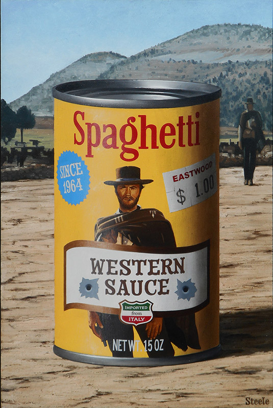 A can labeled "Spaghetti Western Sauce" with a cowboy image, priced at $1, sits in a desert landscape with hills and figures—an artwork reminiscent of POP Art and the playful style of Ben Steele.