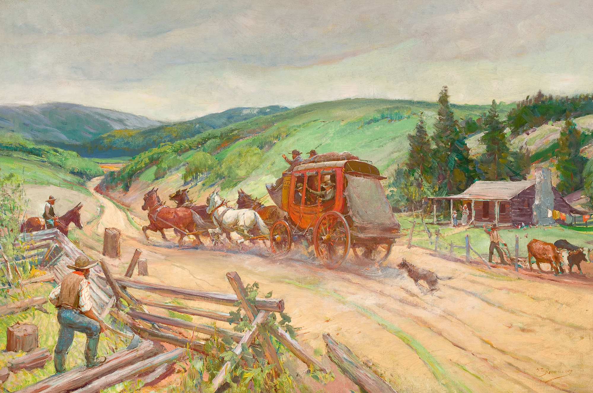 A horse-drawn stagecoach speeds along a dirt road past a rural cabin, as people and animals look on amid green rolling hills—a vivid scene reminiscent of early community outreach programs bringing neighbors together.