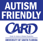 Autism Friendly Partners logo for the Center for Autism & Related Disabilities at the University of South Florida, featuring text in blue and white.