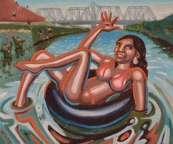 A woman in a red bikini lounges on a black inner tube in a river, waving with a smile; the scene captures icons and symbols of Borderland art, with a bridge and distant figures visible in the background.