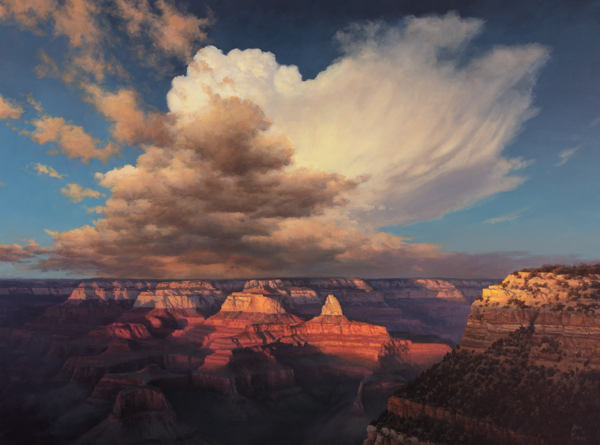 A large cloud formation hovers over the Grand Canyon, casting dramatic shadows on the red and orange rock formations at sunset. Make a donation to help preserve this breathtaking landscape for future generations.
