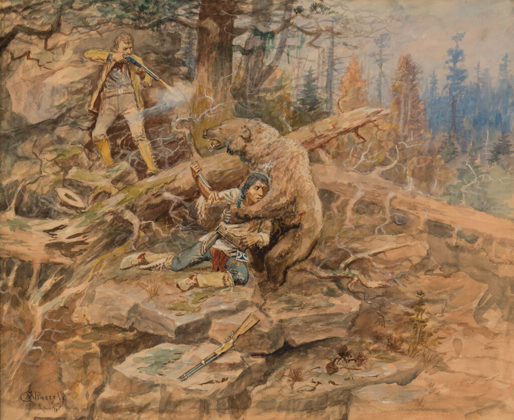 Two men in frontier clothing confront a bear on rocky terrain—a striking scene of Western Art—one man aims a rifle while the other, pinned beneath the bear, grips a knife in desperate defense.