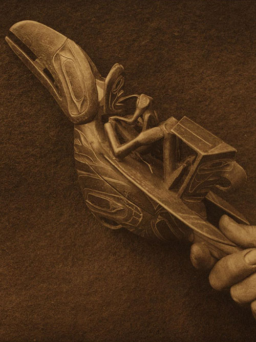 A hand holds a carved wooden object depicting a bird with an abstract human figure seated on its back, reminiscent of Indigenous Art, against a plain brown background.