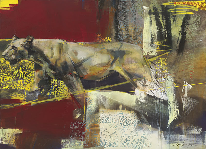 A stylized painting of a lioness walking left, this piece blends contemporary art with wildlife, featuring abstract backgrounds in red, yellow, and gray tones, and geometric patterns interspersed throughout.