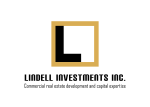 Lindell Investments Inc. logo featuring a stylized black "L" inside a gold square, with text stating "Commercial real estate development and capital expertise, partnering for your growth.