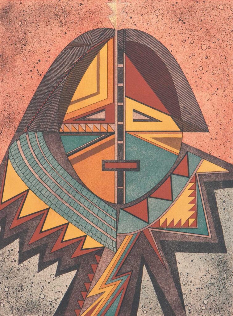 Abstract artwork inspired by Helen Hardin, featuring a person’s face and upper body composed of geometric shapes, spirit lines, and etchings in orange, yellow, green, and brown tones against a textured background.