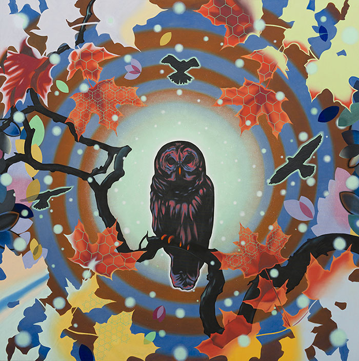 A dark owl sits on a branch in the center, surrounded by autumn leaves, birds, and hexagonal patterns against a colorful abstract background—an intriguing piece of contemporary art inspired by Un/Natural Selections in wildlife.
