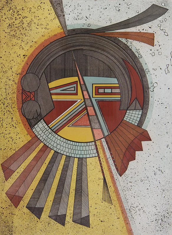 Abstract geometric artwork featuring intersecting lines, shapes, and patterns in shades of yellow, red, gray, and black on a speckled background, inspired by Helen Hardin’s Spirit Lines and intricate etchings.