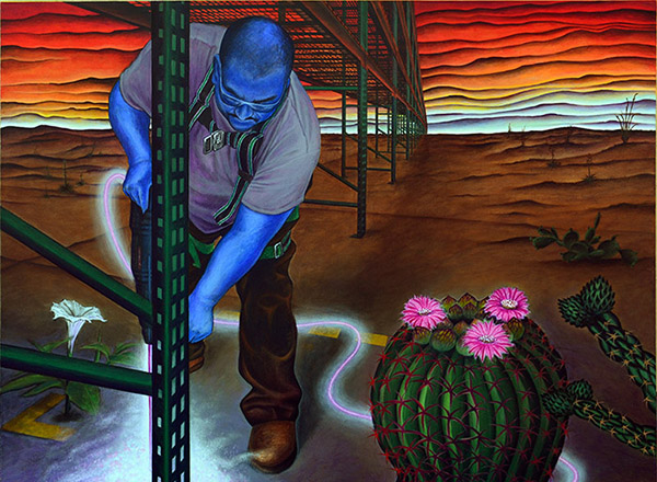 A blue-skinned man in work clothes handles a glowing hose near a metal structure in a desert at sunset, with a cactus blooming pink flowers—evoking Borderland art and the U.S.-Mexico crossroads through vivid icons and symbols.