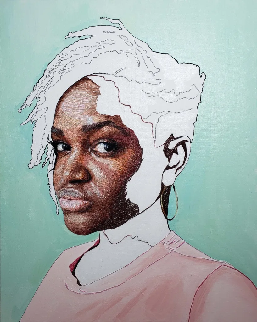 A partially completed portrait of a woman with short, textured hair—reflecting the resilience often celebrated by Black artists—wearing a pink top and hoop earring, against a light green background. Some facial and hair details are outlined but uncolored.