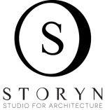 Logo for Storyn Studio for Architecture featuring a large stylized "O" encircling an "S" above the studio's name in bold text, with a subtitle reading "Studio for Architecture & Partners.