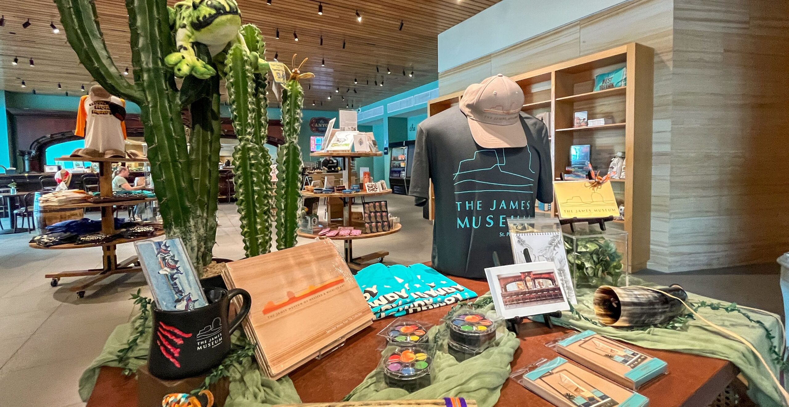 A display of merchandise available at The James Museum's store, including a shirt, stuffed animal, and postcards.