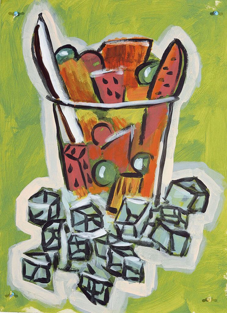A colorful painting of a glass filled with watermelon, other fruit pieces, and green spheres evokes Borderland art, with ice cubes in front and a green background, capturing the vibrant icons and symbols of the U.S.-Mexico crossroads.