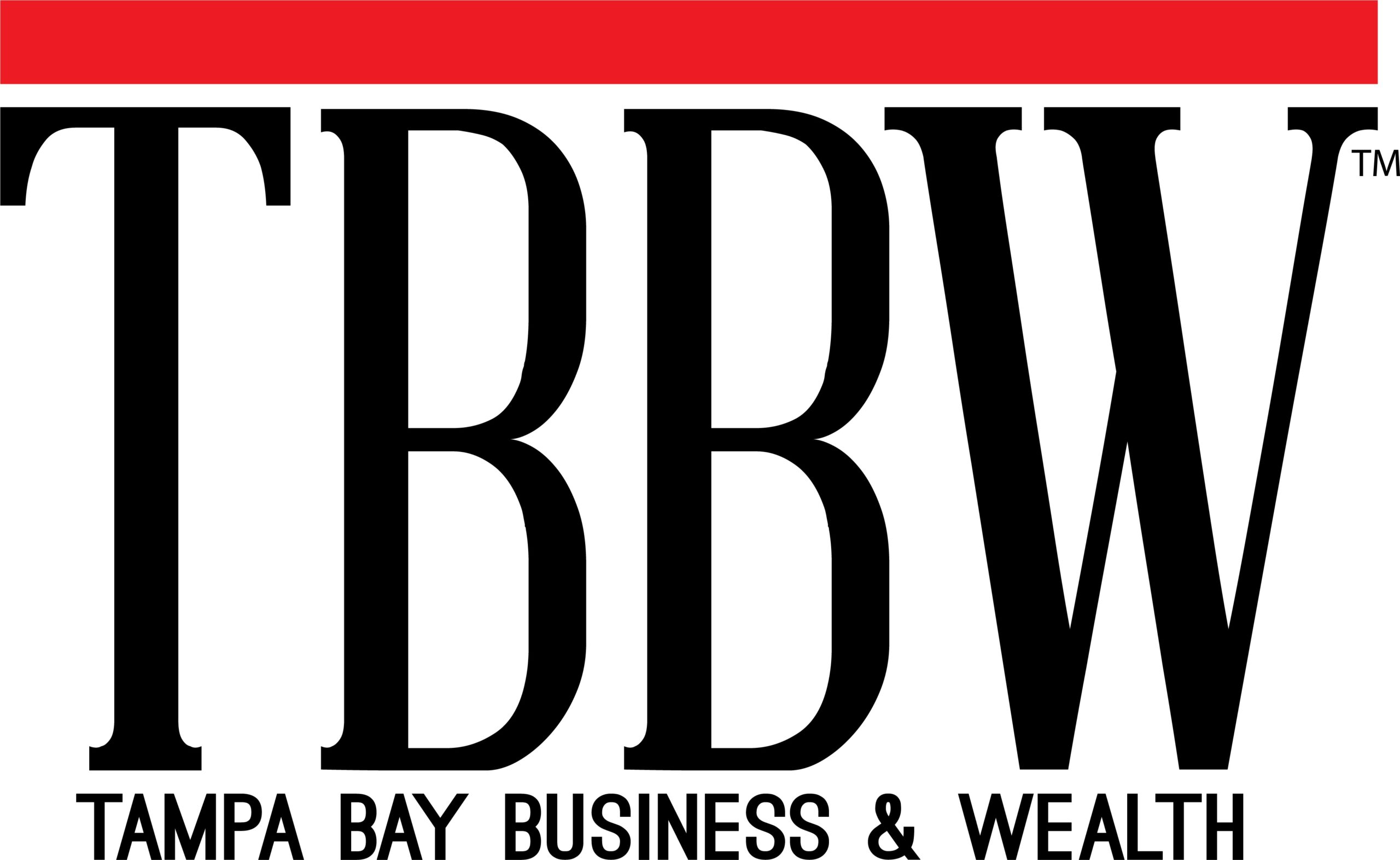 Logo for Tampa Bay Business & Wealth Partners with large black "TBBW" letters, a red horizontal bar above, and the full name in smaller text below.