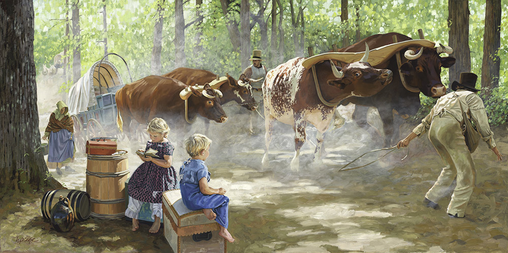 A group of pioneers travel through a forest with oxen pulling a covered wagon, embodying perseverance; two girls sit reading and a man guides the oxen while others tend to supplies on their journey west.