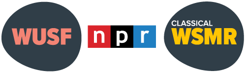 Logos for WUSF, NPR, and Classical WSMR radio stations, displayed in dark ovals with bold, colorful text on a light background—reminiscent of a photographer’s careful composition or Edward S. Curtis’s striking visual style.