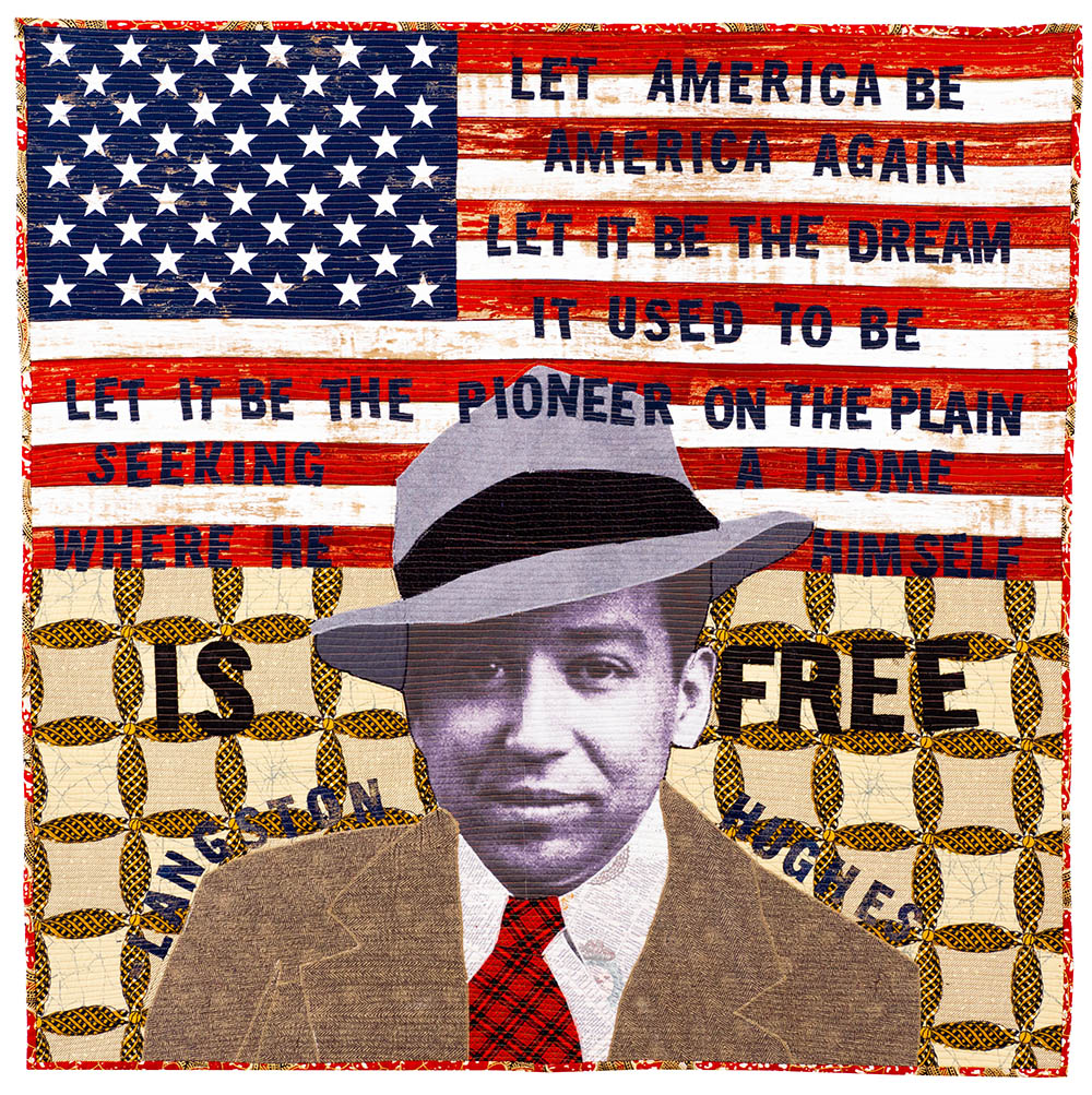 A quilted artwork features an American flag with a portrait of a man in a hat and suit, honoring the legacy of Black Pioneers. Text on the flag reads, “Let America be America again... Let it be the dream it used to be.”.