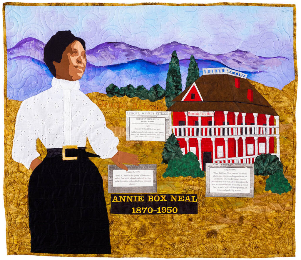 A quilted artwork depicting Black Pioneer Annie Box Neal standing beside a red building with signs, mountains in the background, and text panels describing her legacy and achievements in the American West.