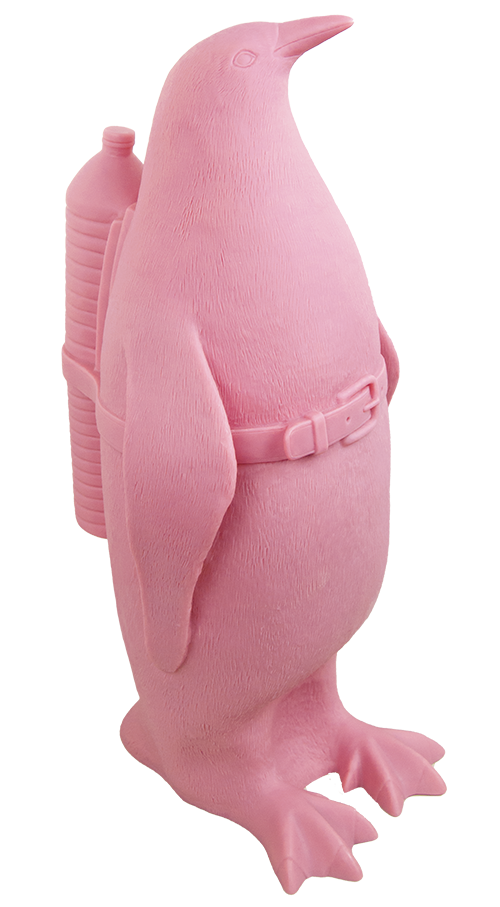 A pink penguin sculpture with a water bottle strapped to its back and a belt around its body stands upright, blending contemporary art with playful nods to wildlife.