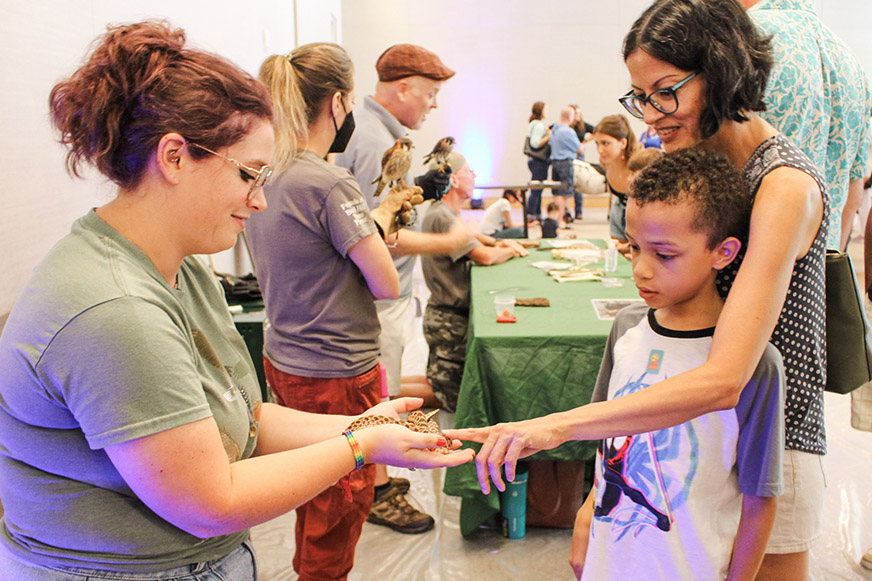 A woman holds a small snake for a boy and his guardian to touch at an indoor educational youth program, with other people and animals in the background.