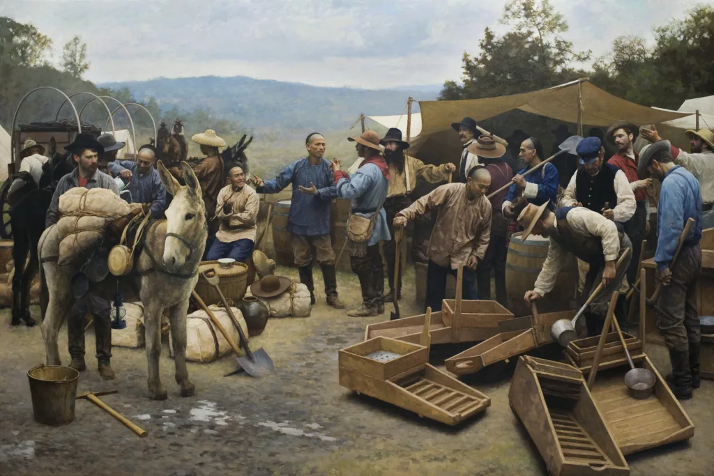 A group of men gather around mining equipment and pack animals in an outdoor camp, with tents and supplies visible in the background, evoking scenes from historic Far East mining expeditions.